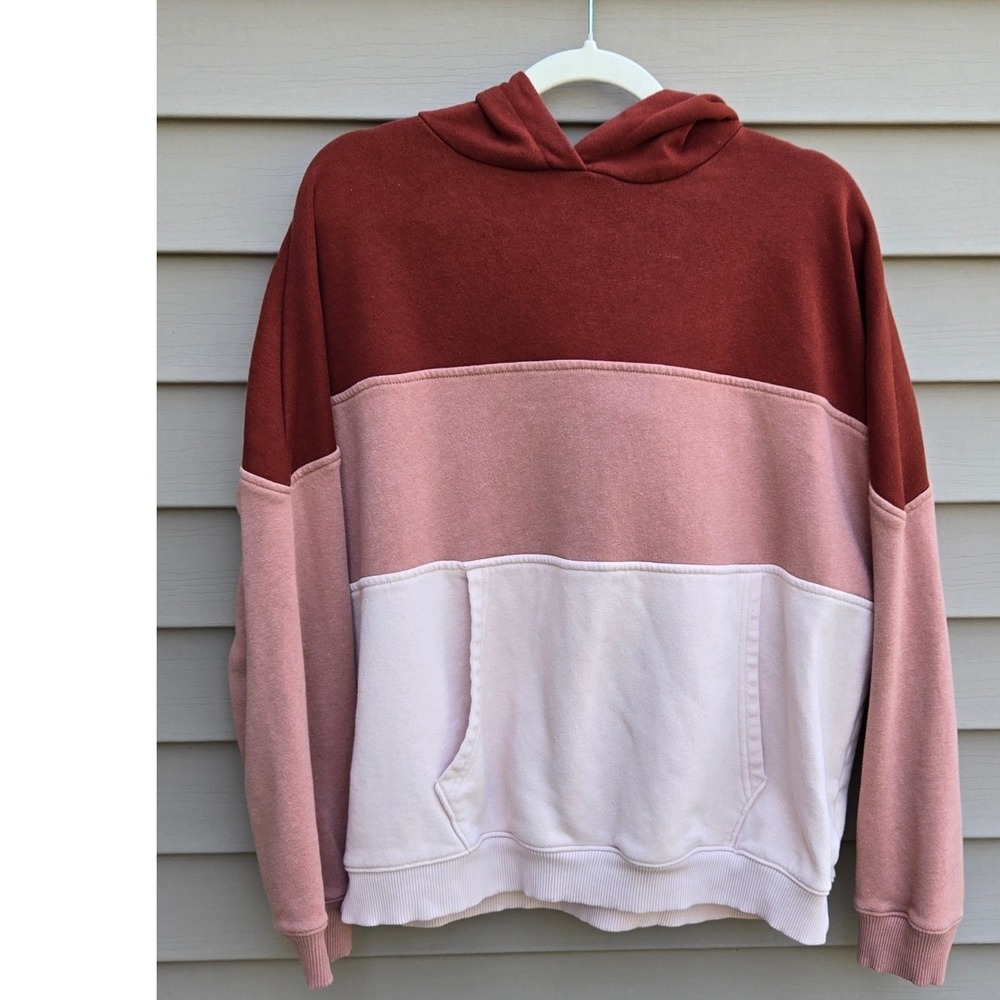 American Eagle Colorblock Hoodie Burgundy Pink Mauve Fleece Pullover Womens Med
